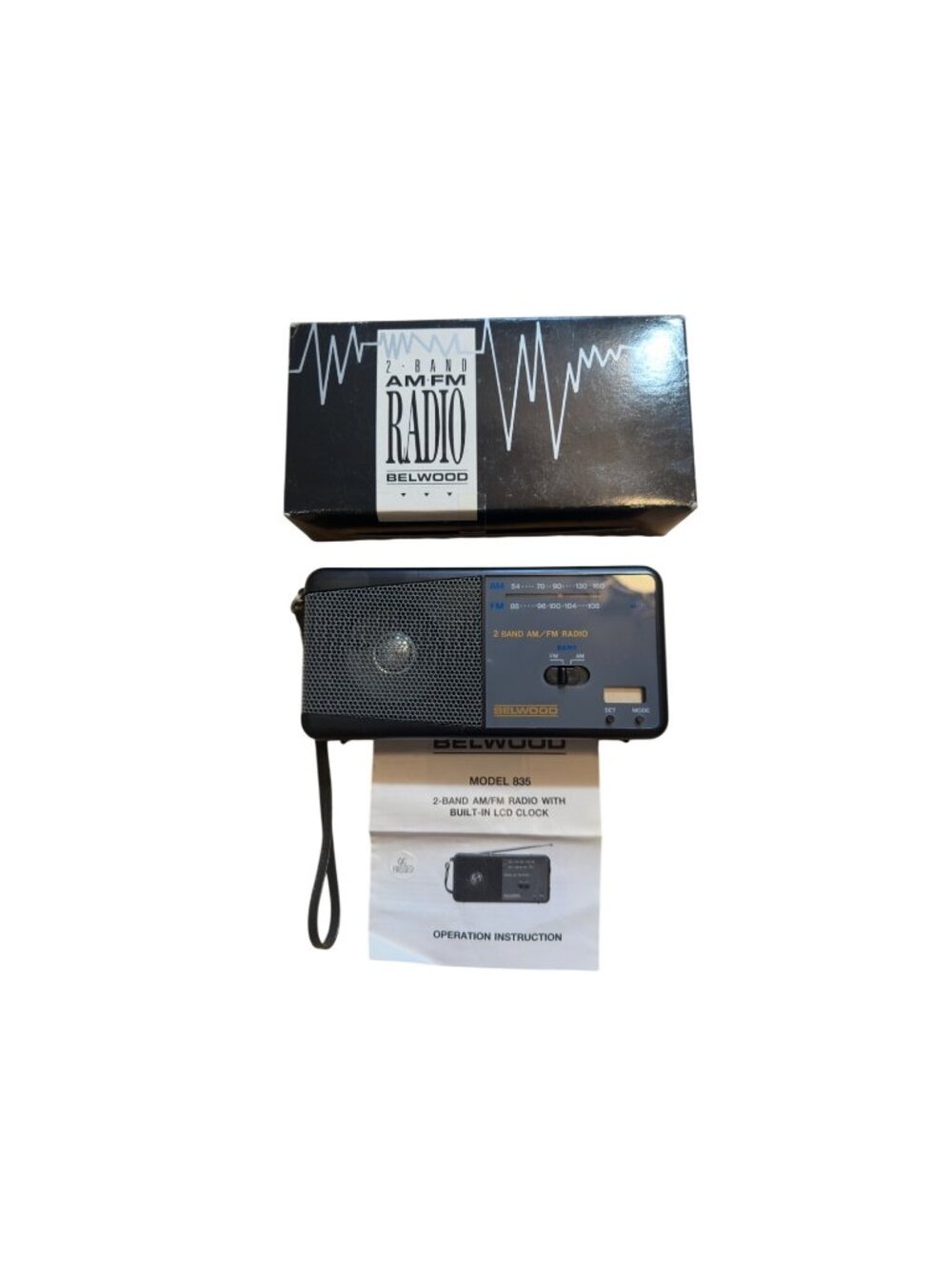 Belwood Model 835 2-Band AM/FM Radio With Built-In LCD Clock & Box
